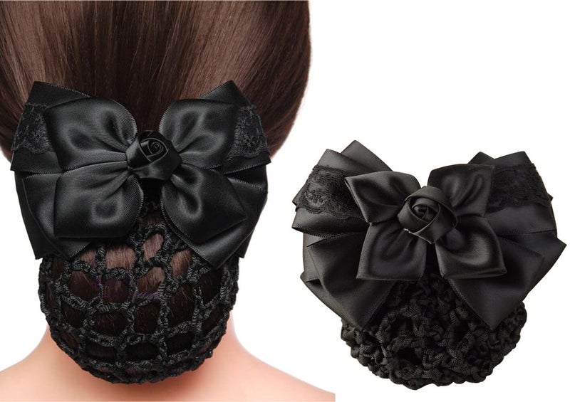 Elandy Women Bowknot Snood Net Barrette Hair Clip Bun Cover Hairnet Satin Bow Barrette French Hair Clips Ribbon Flower Hair Accessories for Stewardess Banks Hotels Restaurant Staff Black
