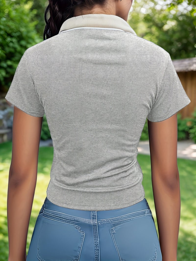 Versatile Summer Slim - Fit POLO Collar Short - Sleeved T - Shirt Top - Grey / S - Image 2