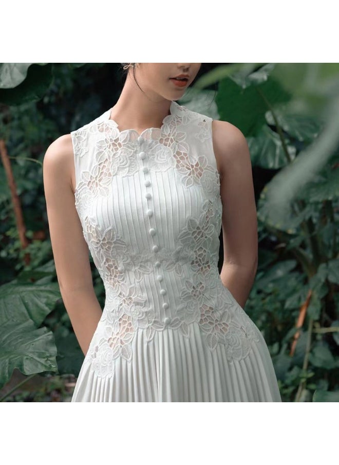 Madam Uniq New White Water-Soluble Lace Embroidered Short Sleeve Elegant Maxi Dress  - Image 4
