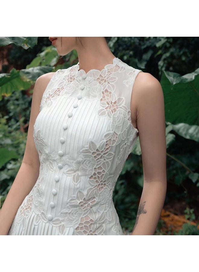 Madam Uniq New White Water-Soluble Lace Embroidered Short Sleeve Elegant Maxi Dress  - Image 5