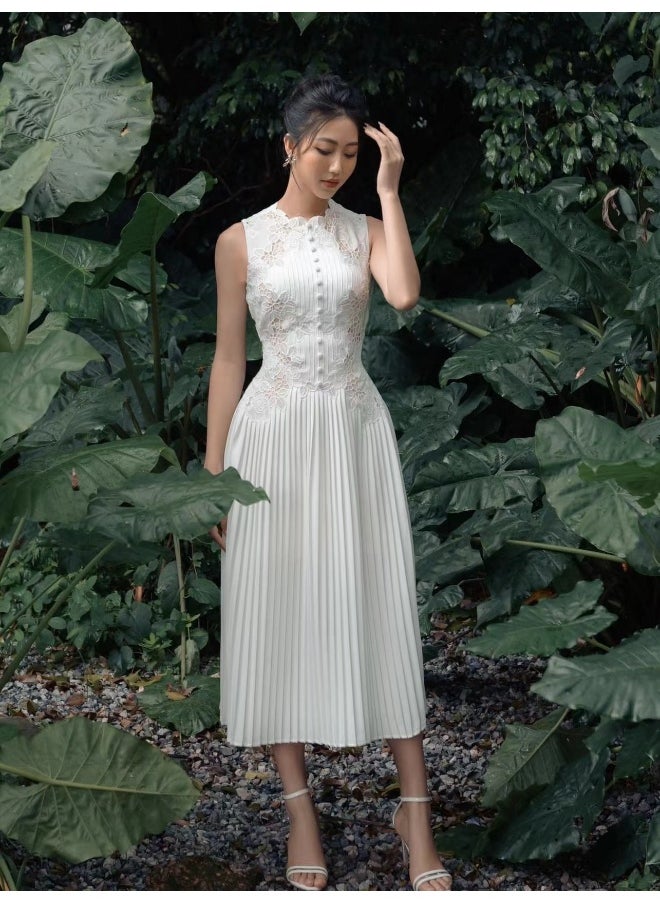 Madam Uniq New White Water-Soluble Lace Embroidered Short Sleeve Elegant Maxi Dress  - Image 1