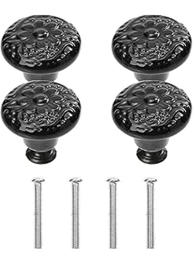 Vintage Ceramic Cabinet Handles Black 4pcs Retro Flower Pattern Drawer Knobs - Image 1