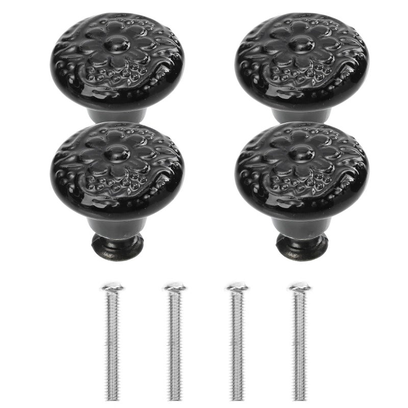 Vintage Ceramic Cabinet Handles Black 4pcs Retro Flower Pattern Drawer Knobs - Image 2