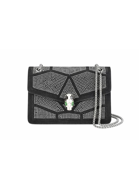 Black rhinestone-studded shoulder and handbag, elegant crystal-embellished bag for women