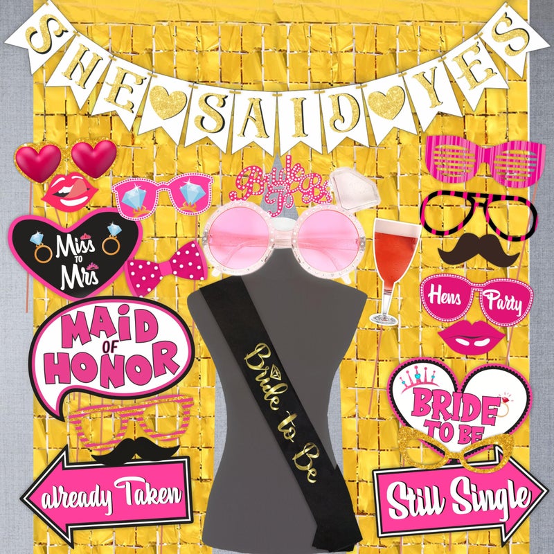 Wobbox Bachelorette Party Decoration Items| Bachelorette Party Photo Booth Props For Wedding Selfie, Bachelorette Banner&Sash With Bride To Be Goggle, Bachelorette Party Decoration Kit-17 Pcs (FP3998) - Image 1