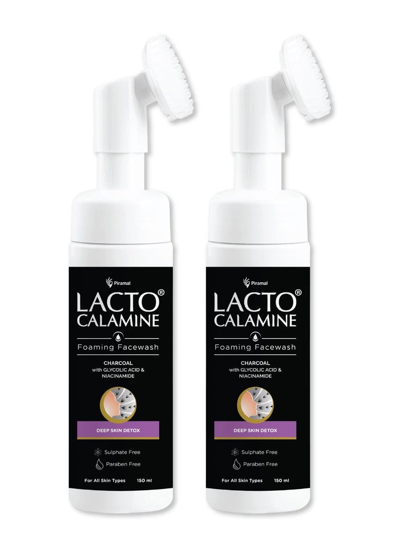 Lacto Calamine Charcoal Foaming Face wash Deep skin Detox Cleanse skin impurities With Built-in foaming Brush Sulphate free Face wash Paraben Free 150ml Pack of 2 - Image 1