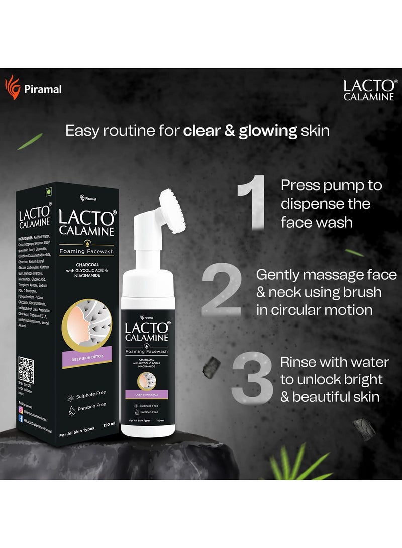 Lacto Calamine Charcoal Foaming Face wash Deep skin Detox Cleanse skin impurities With Built-in foaming Brush Sulphate free Face wash Paraben Free 150ml Pack of 2 - Image 2