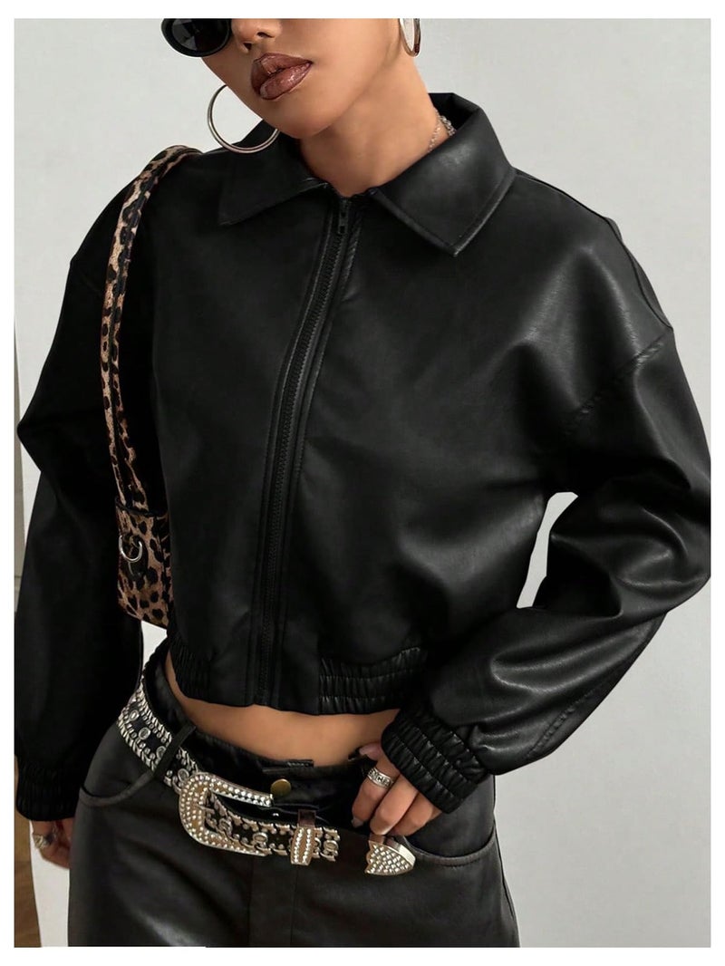 BEAUDRM Women's Y2K Faux PU Leather Jacket Crop Zip Up Motorcycle Coat Long Sleeve Drop Shoulder Motor Bike Jacket Streetwear Black Solid Medium - Image 3