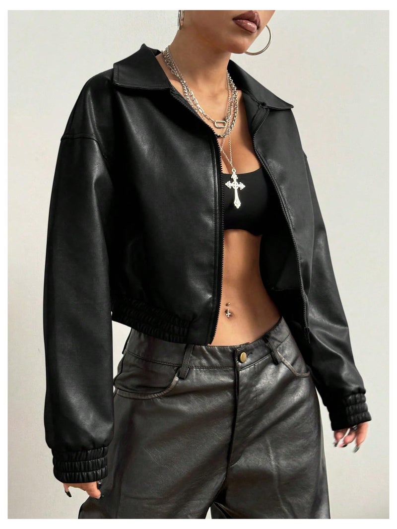 BEAUDRM Women's Y2K Faux PU Leather Jacket Crop Zip Up Motorcycle Coat Long Sleeve Drop Shoulder Motor Bike Jacket Streetwear Black Solid Medium - Image 5