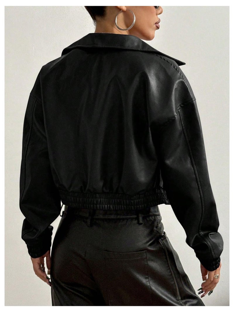 BEAUDRM Women's Y2K Faux PU Leather Jacket Crop Zip Up Motorcycle Coat Long Sleeve Drop Shoulder Motor Bike Jacket Streetwear Black Solid Medium - Image 2