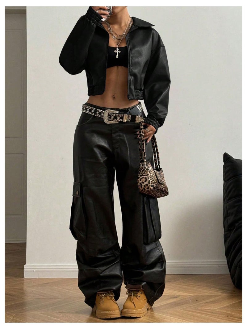 BEAUDRM Women's Y2K Faux PU Leather Jacket Crop Zip Up Motorcycle Coat Long Sleeve Drop Shoulder Motor Bike Jacket Streetwear Black Solid Medium - Image 4