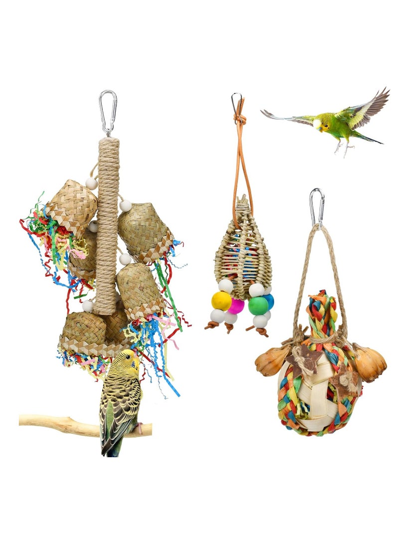 سيلكفكس 3pcs الببغاء مضغ الراتان الذرة قشرة الألعاب اليدوية الخيزران ورقة النخيل ألعاب Budgie تغذية الألعاب الطيور الصغيرة معلقة أرجحة تقطيع الألعاب للطيور الببغاء كوكاتيل الحب الطيور - Image 1