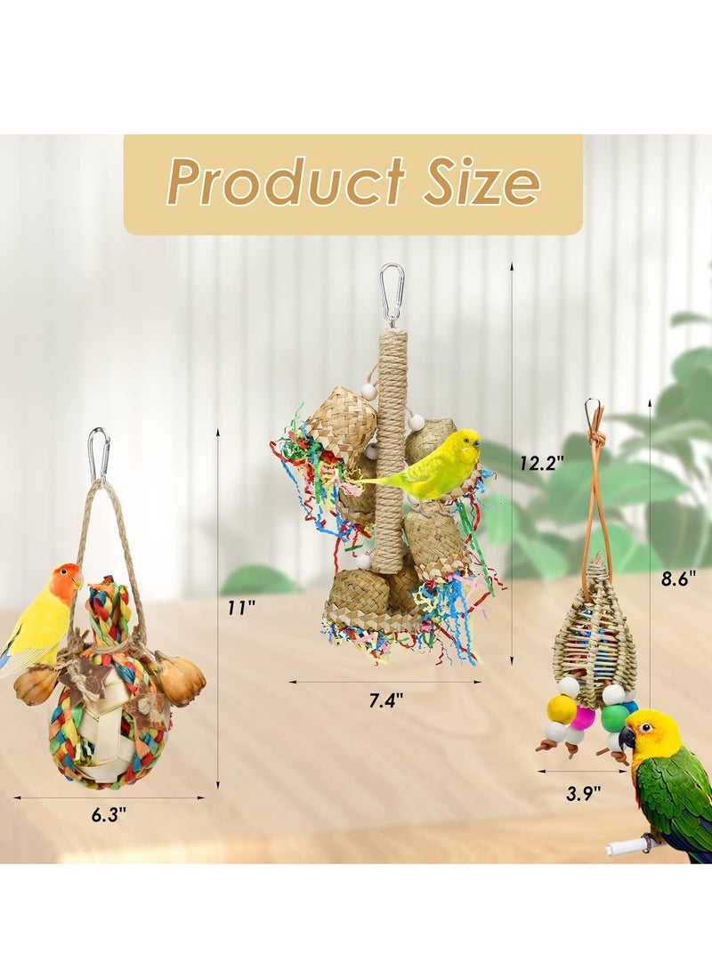 سيلكفكس 3pcs الببغاء مضغ الراتان الذرة قشرة الألعاب اليدوية الخيزران ورقة النخيل ألعاب Budgie تغذية الألعاب الطيور الصغيرة معلقة أرجحة تقطيع الألعاب للطيور الببغاء كوكاتيل الحب الطيور - Image 3