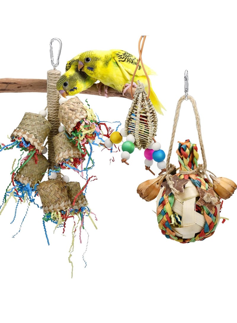 سيلكفكس 3pcs الببغاء مضغ الراتان الذرة قشرة الألعاب اليدوية الخيزران ورقة النخيل ألعاب Budgie تغذية الألعاب الطيور الصغيرة معلقة أرجحة تقطيع الألعاب للطيور الببغاء كوكاتيل الحب الطيور - Image 2