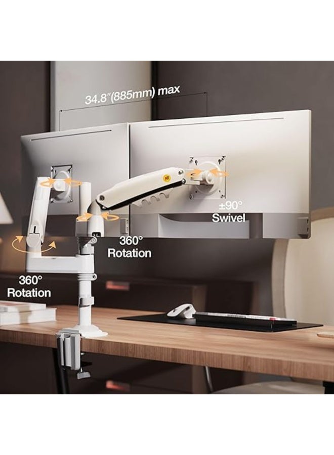 NB ERGONOMIC Dual Monitor Arm Desk Mount for Two 17–27 Inch Screens, Full Motion Gas Spring Dual Monitor Stand, VESA 75x75 & 100x100, Height Adjustable Monitor Mount, Supports 2–9kg per Monitor, White - Image 2