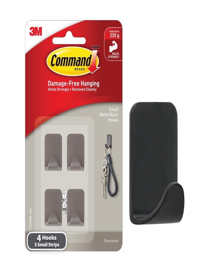 Command 3M Command Brand Damage-Free Hanging Small Hooks, Holds 225g, Matte Black Decorative Finish, 4 Hooks & 5 Small Strips - Image 1
