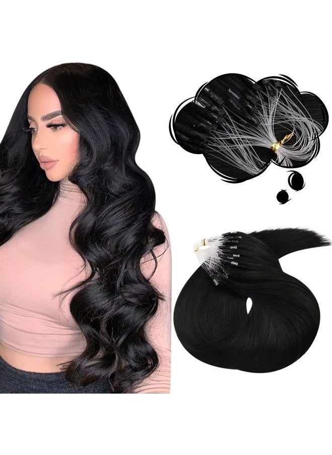 Moresoo Micro Loop Hair Extensions Real Human Hair Black Micro Ring Human Hair Extensions Jet Black Hair Extensions Micro Loop Human Hair Extensions Micro Links Black #1 50G/50S 16 Inch  - Image 1