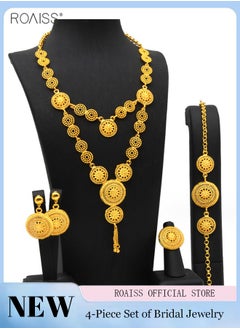 roaiss Multi Piece Golden Bride Jewelry Necklace Earrings Rings Bracelets Headwear Middle Eastern Bride Set  - Image 1