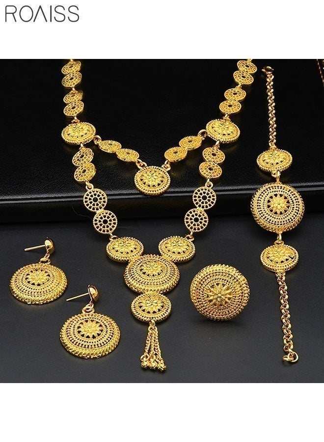 رويس طقم مجوهرات زفاف دائري ذهبي مزخرف من 4 قطع، طقم مجوهرات نسائي بتصميم عرقي مفتوح يتضمن قلادة وأقراط وخاتم وسوار، طقم مجوهرات قبلي مستوحى من التراث الأفريقي الهندي التقليدي بنقوش دائرية، قلادة مزخرفة بشرابة متعددة الطبقات من سبيكة معدنية لحفلات الزفاف وحفلات الزفاف، طقم مجوهرات متكامل متعدد القطع مناسب لحفلات التخرج والمناسبات الرسمية والمهرجانات والاحتفالات - Image 5