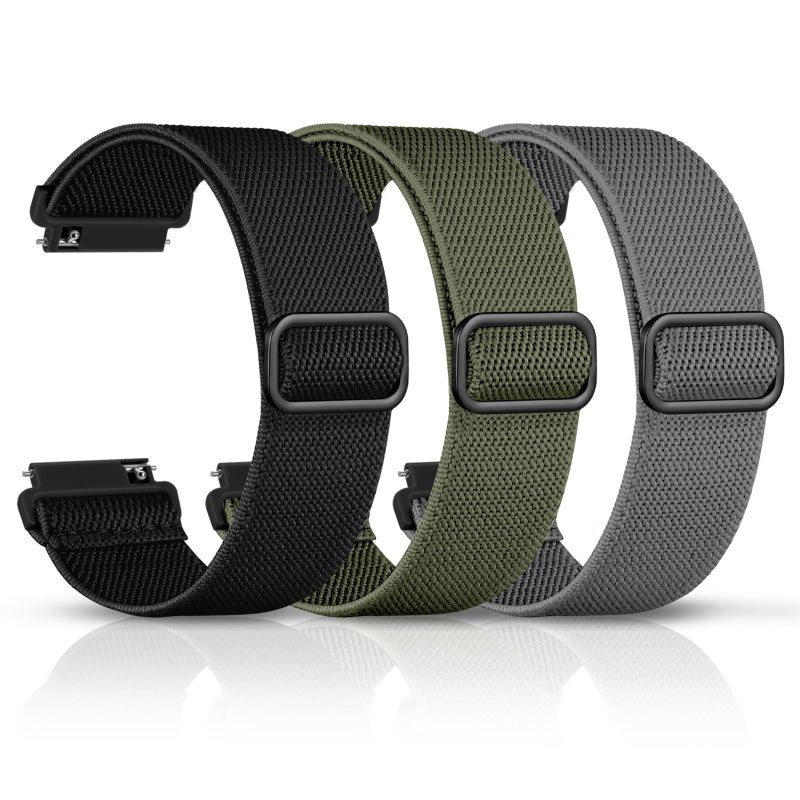 DaQin 3 Pack 22mm Watch Band for Men Women Compatible with 22mm Quick Release Watch Band, Adjustable Soft Stretchy Nylon Solo Loop Strap Elastic Braided Relacement Wristband, Black/Army Green/Grey - Image 1