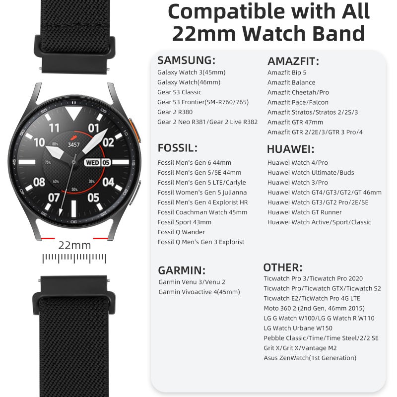 DaQin 3 Pack 22mm Watch Band for Men Women Compatible with 22mm Quick Release Watch Band, Adjustable Soft Stretchy Nylon Solo Loop Strap Elastic Braided Relacement Wristband, Black/Army Green/Grey - Image 2