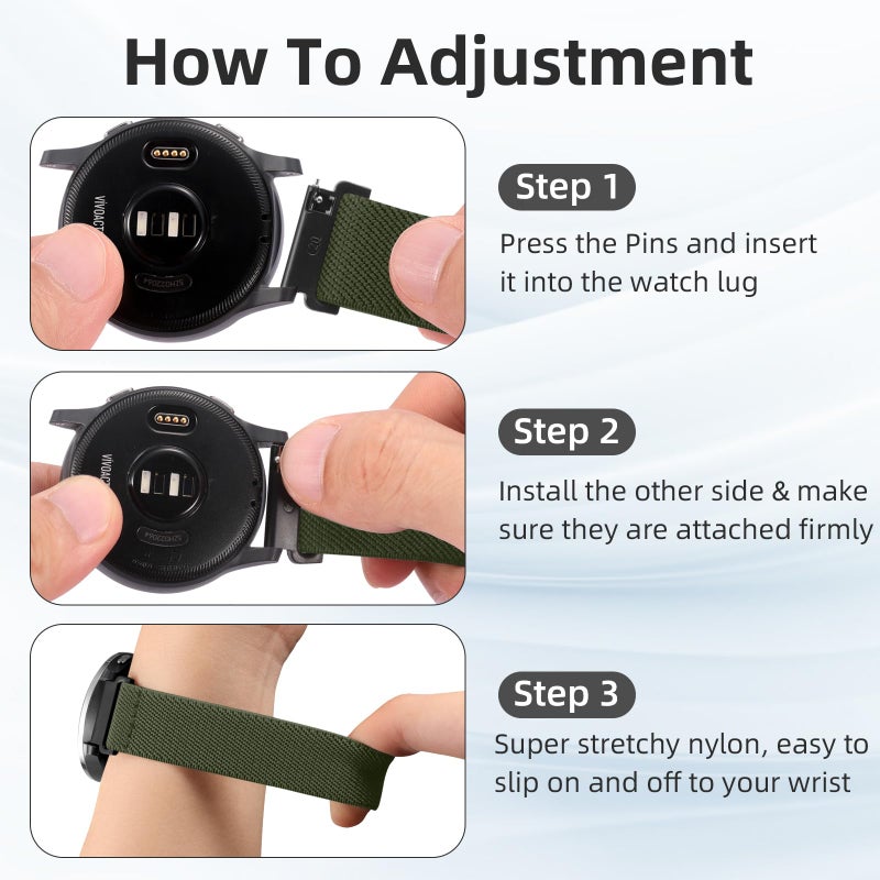 DaQin 3 Pack 22mm Watch Band for Men Women Compatible with 22mm Quick Release Watch Band, Adjustable Soft Stretchy Nylon Solo Loop Strap Elastic Braided Relacement Wristband, Black/Army Green/Grey - Image 5