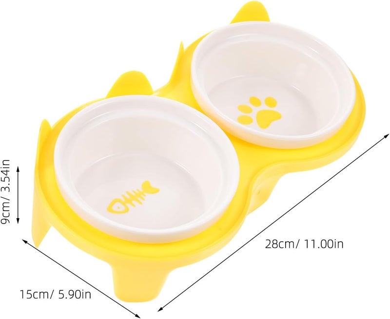 Alasum Ceramic Cat Bowl Elevated Double Feeding Bowls Thickened Yellow Non-Slip Tilted Design with Sturdy Stand for Indoor Kitten and Small Cat Feeding - Image 2