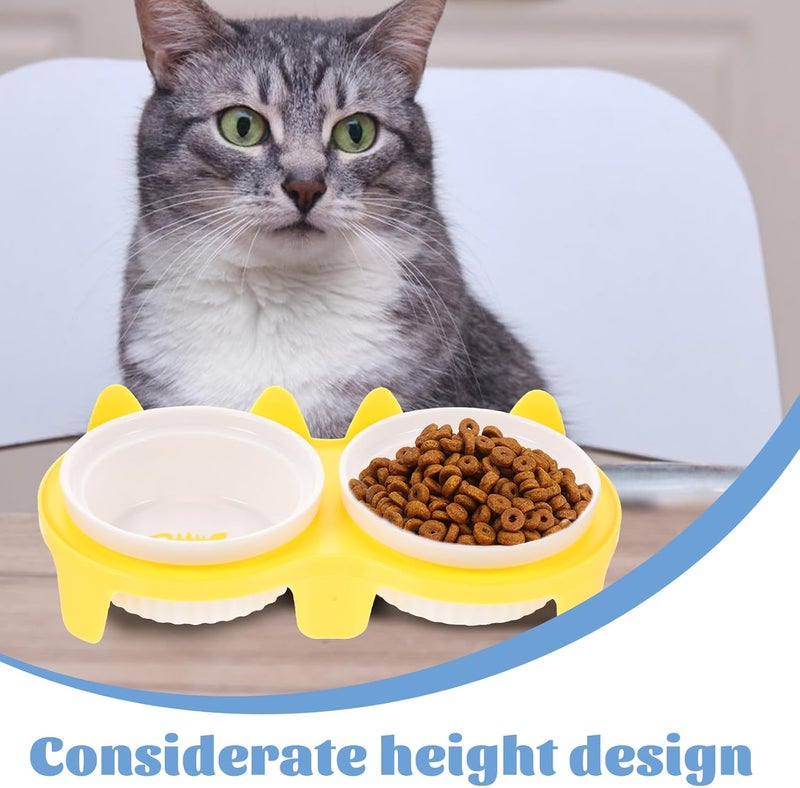 Alasum Ceramic Cat Bowl Elevated Double Feeding Bowls Thickened Yellow Non-Slip Tilted Design with Sturdy Stand for Indoor Kitten and Small Cat Feeding - Image 3