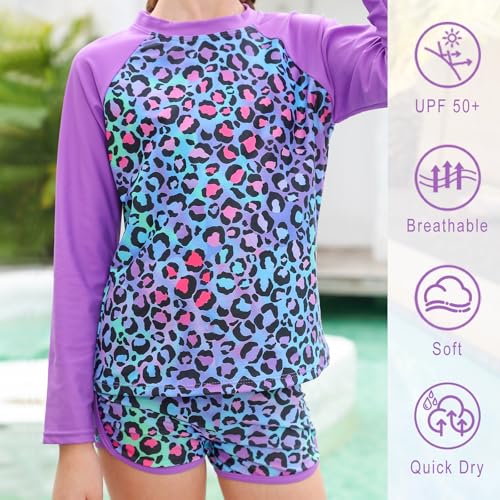 TUONROAD Little Girls 2-Piece Swimming Suits 7 8 Yrs Old Long Sleeve Rash Guard Stylish Bathing Suit Leopard Printed with UPF 50+ Sun Protection for Summer Beachwear Swimwear - Image 5