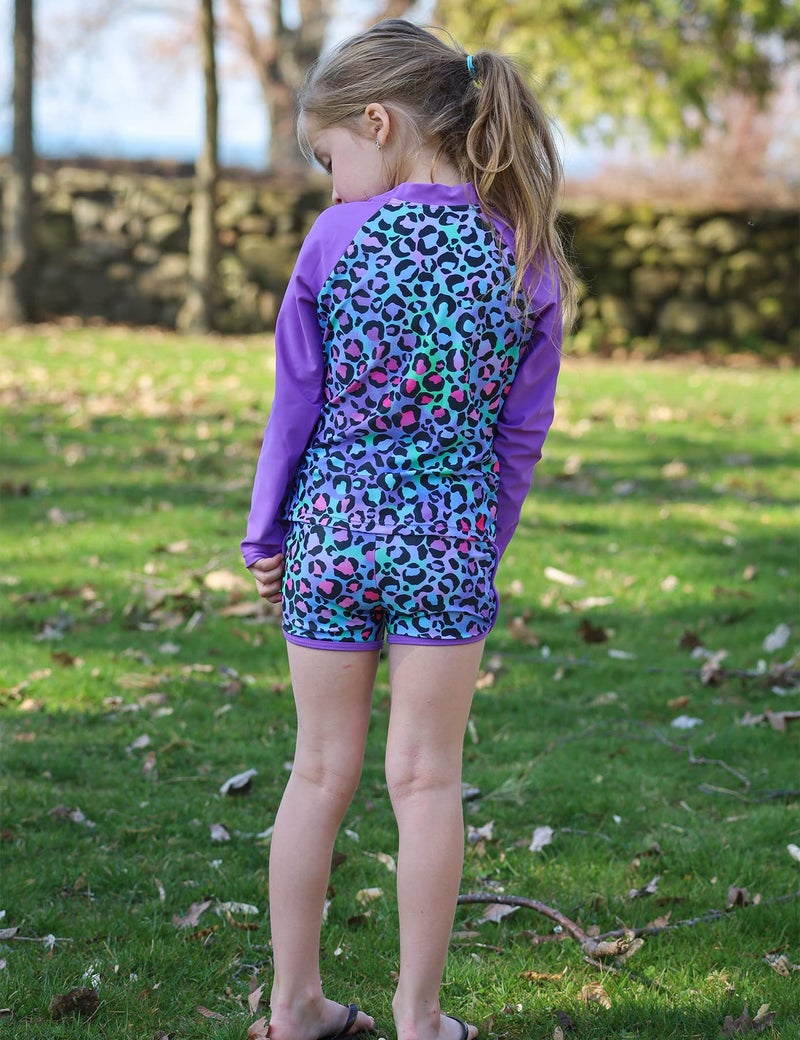 TUONROAD Little Girls 2-Piece Swimming Suits 7 8 Yrs Old Long Sleeve Rash Guard Stylish Bathing Suit Leopard Printed with UPF 50+ Sun Protection for Summer Beachwear Swimwear - Image 3