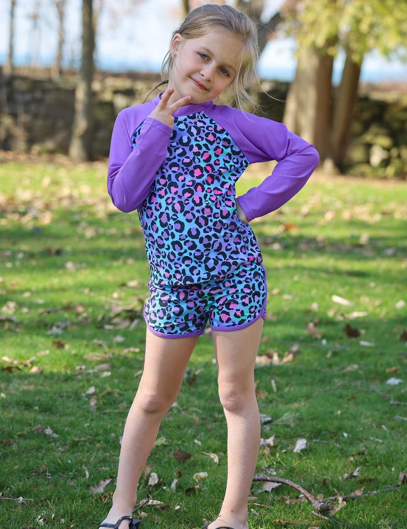 TUONROAD Little Girls 2-Piece Swimming Suits 7 8 Yrs Old Long Sleeve Rash Guard Stylish Bathing Suit Leopard Printed with UPF 50+ Sun Protection for Summer Beachwear Swimwear - Image 2