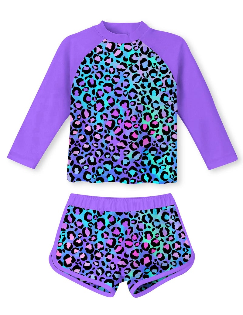 TUONROAD Little Girls 2-Piece Swimming Suits 7 8 Yrs Old Long Sleeve Rash Guard Stylish Bathing Suit Leopard Printed with UPF 50+ Sun Protection for Summer Beachwear Swimwear - Image 1