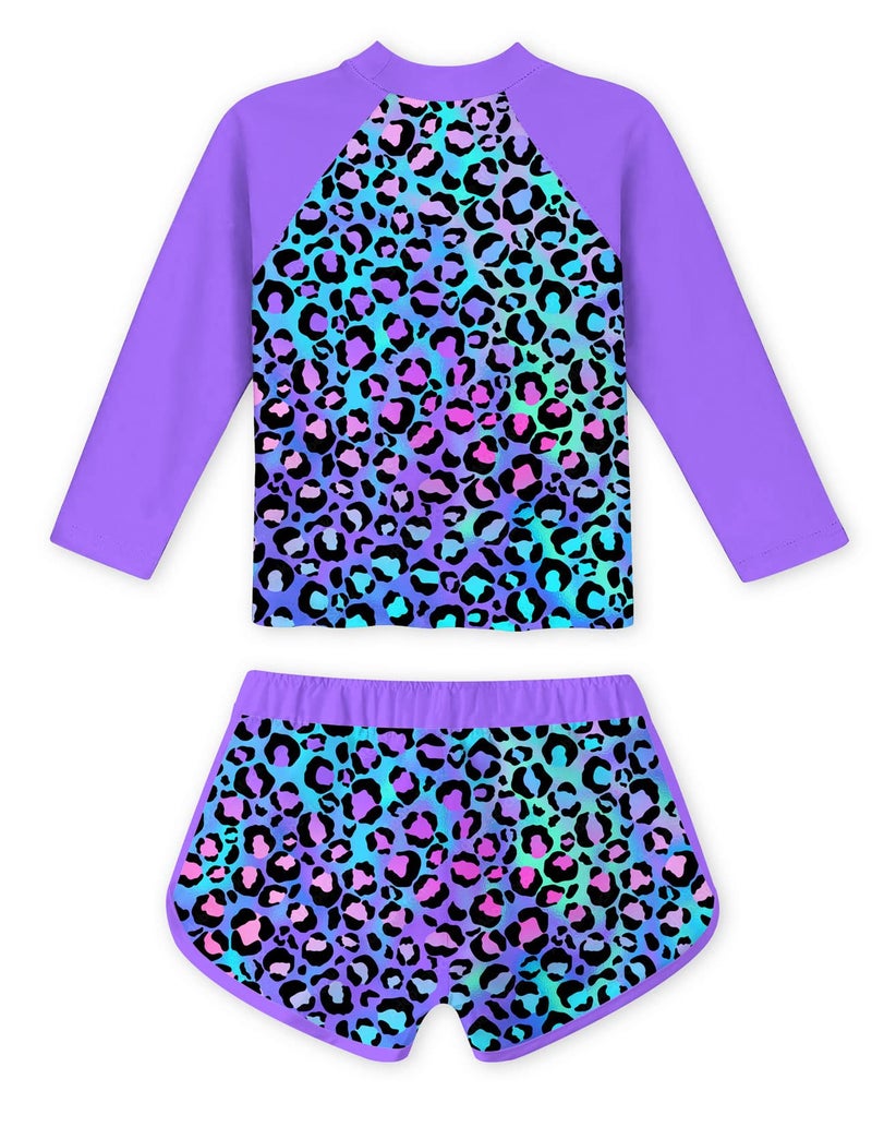 TUONROAD Little Girls 2-Piece Swimming Suits 7 8 Yrs Old Long Sleeve Rash Guard Stylish Bathing Suit Leopard Printed with UPF 50+ Sun Protection for Summer Beachwear Swimwear - Image 4