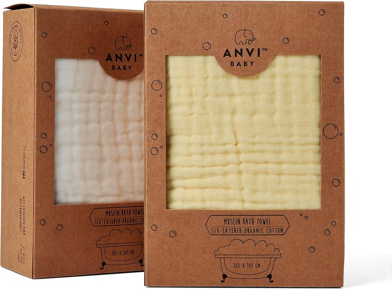 Anvi Baby Set of 2 Organic Muslin Soft Antibacterial Baby Bath Towels - Yellow & White 105x105cm - Image 5