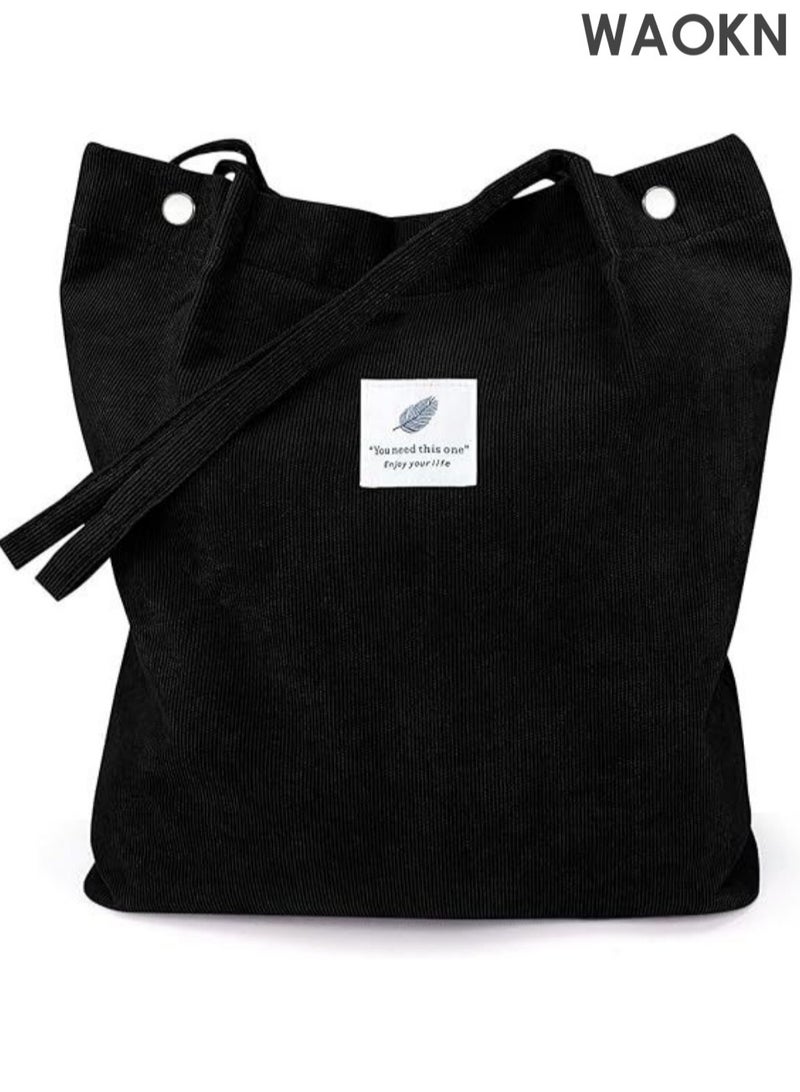 WAOKN Women Corduroy Tote Bag Canvas Shoulder Cord Purse Reusable Shopping Bag Grocery Bag Large Capacity Washable Handbag Girls Shoulder Bag with Inner Pocket For Daily Use Work Travel, Black  - Image 1