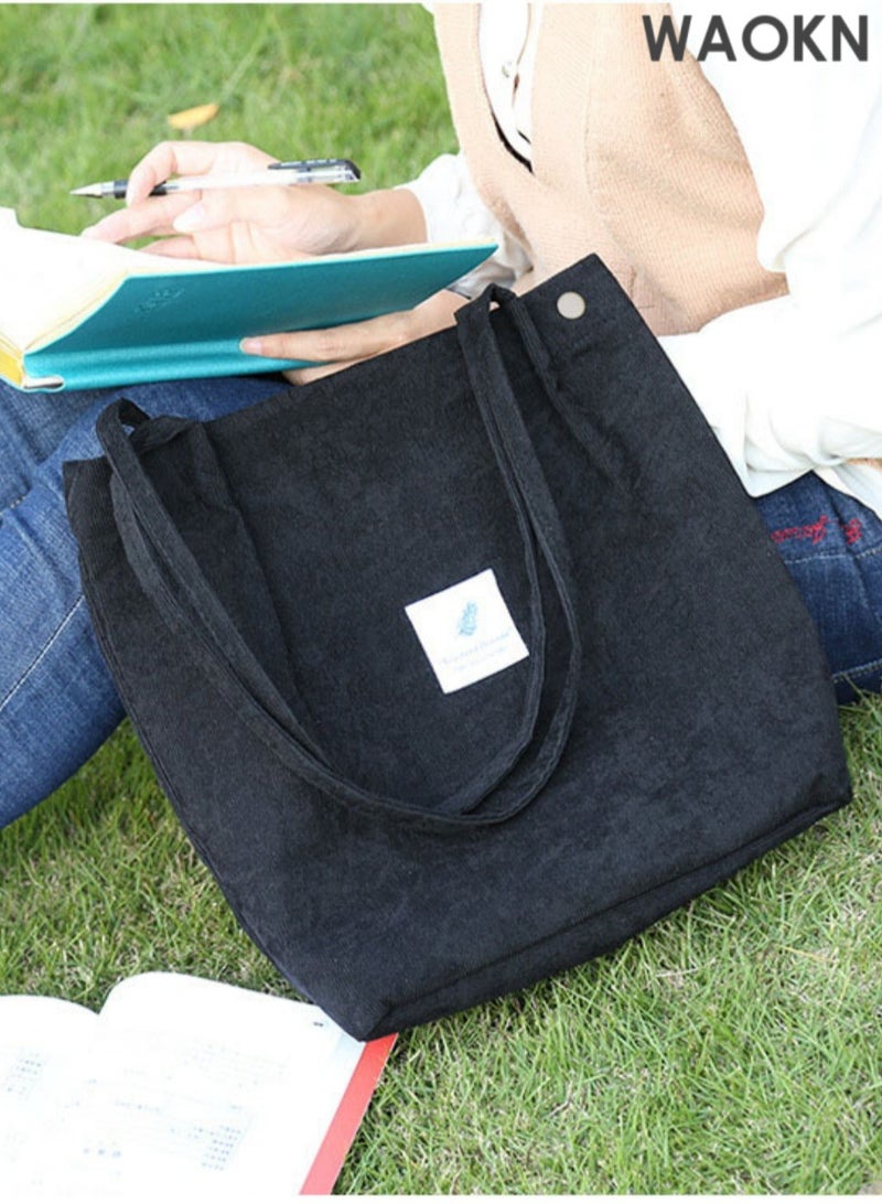 WAOKN Women Corduroy Tote Bag Canvas Shoulder Cord Purse Reusable Shopping Bag Grocery Bag Large Capacity Washable Handbag Girls Shoulder Bag with Inner Pocket For Daily Use Work Travel, Black  - Image 5