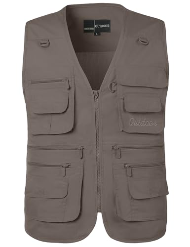 Flygo Mens Fishing Vest Utility Lightweight Outdoor Travel Safari Photo Cargo Vest with 16 Pockets Style 01 Grey 2XL