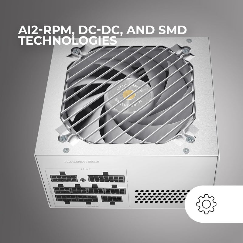 مارس_جيمنج مارس غيمينغ MPB650SIM، مزود طاقة ATX 650 واط معياري بالكامل، ضمان 7 سنوات، 80Plus برونز 230 فولت EU، مروحة SI 120 مم، تقنية AI2-RPM، DC-DC و SMD، مكثفات يابانية 105 درجة مئوية، أبيض - Image 4