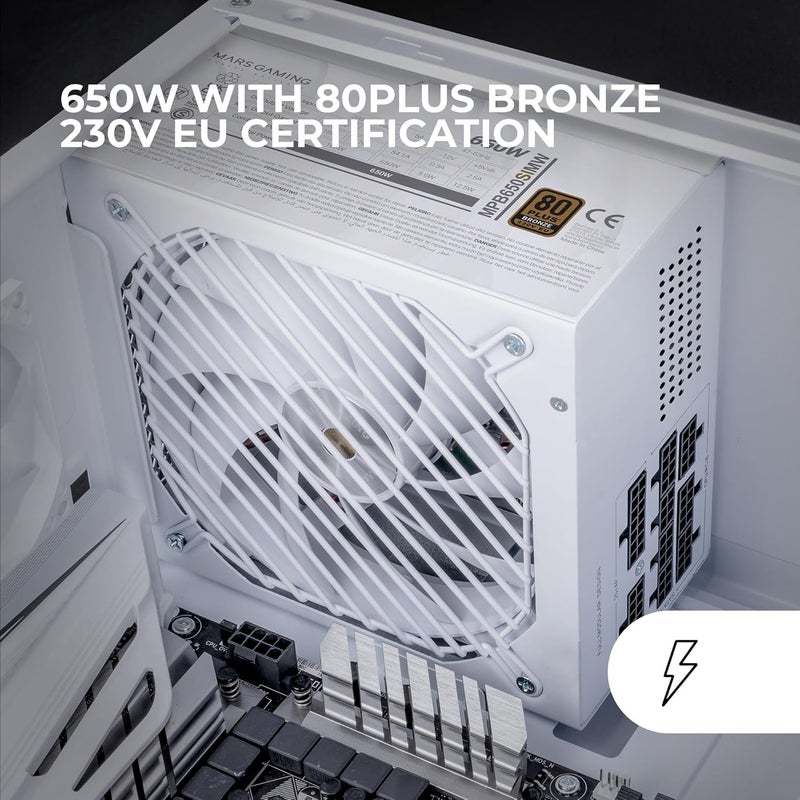 مارس_جيمنج مارس غيمينغ MPB650SIM، مزود طاقة ATX 650 واط معياري بالكامل، ضمان 7 سنوات، 80Plus برونز 230 فولت EU، مروحة SI 120 مم، تقنية AI2-RPM، DC-DC و SMD، مكثفات يابانية 105 درجة مئوية، أبيض - Image 3