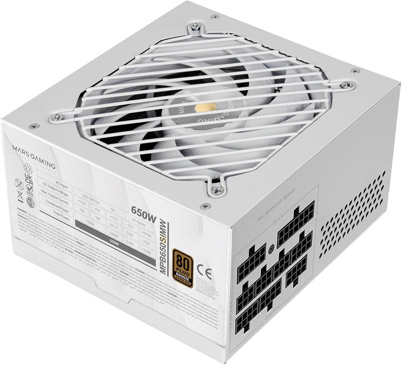 مارس_جيمنج مارس غيمينغ MPB650SIM، مزود طاقة ATX 650 واط معياري بالكامل، ضمان 7 سنوات، 80Plus برونز 230 فولت EU، مروحة SI 120 مم، تقنية AI2-RPM، DC-DC و SMD، مكثفات يابانية 105 درجة مئوية، أبيض - Image 1