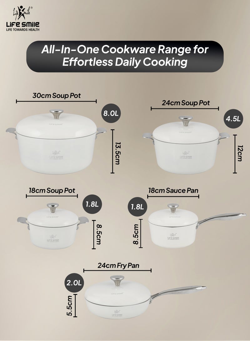 Life Smile 10-Piece Aluminum Cookware Set – Non-Stick Pots & Pans with Induction Bottom | 30/24/18cm Soup Pots, 18cm Saucepan & 24cm Fry Pan | Multi-Layer Non-Stick, Oven-Safe Cooking Set - Image 3