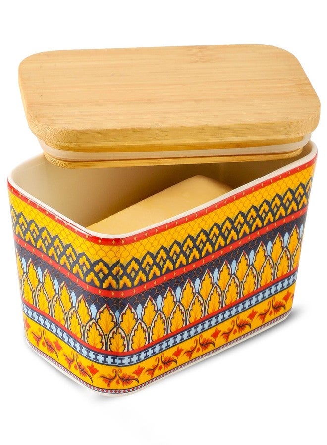Tikooere Ceramic Butter Dish with Lid,Large Butter Container with Airtight Cover for Countertop or Refrigerator,Farmhouse Kitchen Butter Holder for Gift,Dishwasher Safe,Yellow Printing - Image 1