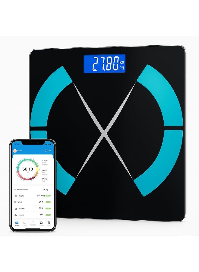 ميزان رقمي ذكي لقياس وزن الجسم، ميزان عالي الدقة يعمل بمجرد الوقوف عليه، مزود بشاشة LCD كبيرة بإضاءة خلفية وإمكانية الاتصال بالتطبيق، مصنوع من الزجاج المقسى، يتحمل حتى 400 رطل. - Image 1