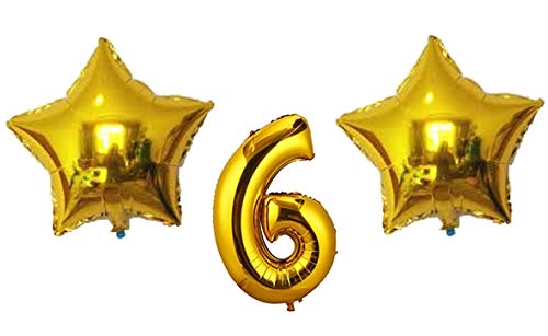 Evisha 1 pcs Number Foil Balloons and 2 pcs Star Golden Foil Balloons (Set of 3 Balloons) Size : 16" (6-Stars) - Image 1