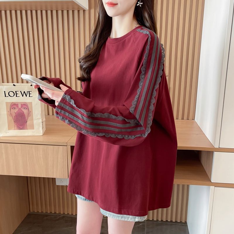 Cotton Spandex Color Matching Round Neck T-Shirt – Women's Loose Long Sleeve Top - Image 2