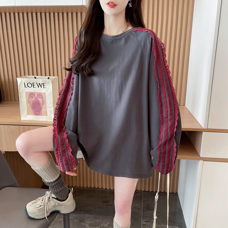 Cotton Spandex Color Matching Round Neck T-Shirt – Women's Loose Long Sleeve Top - Image 5