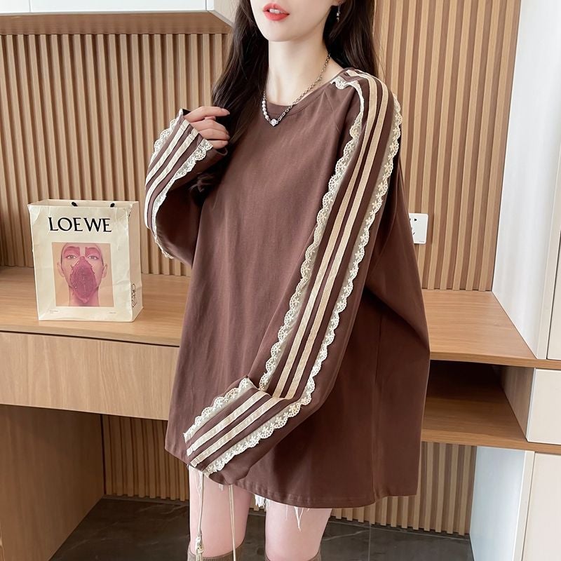 Cotton Spandex Color Matching Round Neck T-Shirt – Women's Loose Long Sleeve Top - Image 4