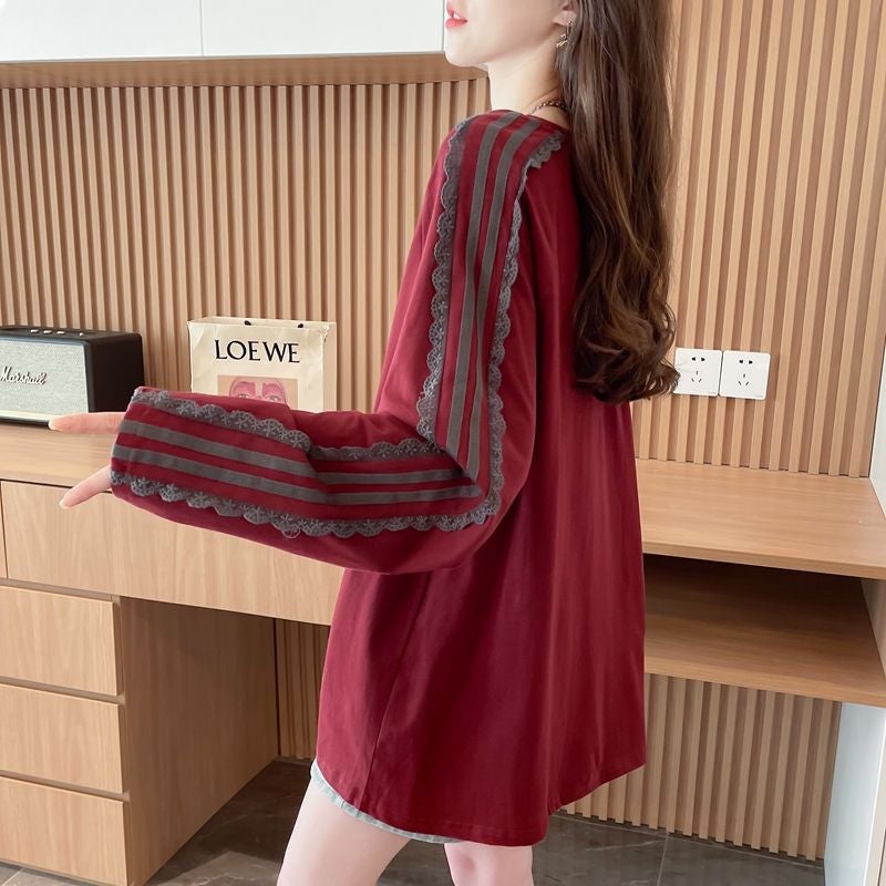 Cotton Spandex Color Matching Round Neck T-Shirt – Women's Loose Long Sleeve Top - Image 3
