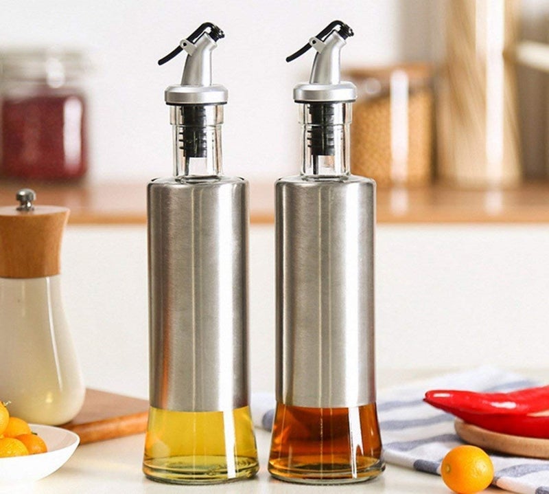 Onlyeasy Premium Glass Oil Dispenser with Steel Cover Seasoning BottleGlass Oil Bottle Leakproof Oiler Tank Household Stainless Steel Condiment Dispenser Steel Glass Oil Bottle 500ml 2pc - Image 1