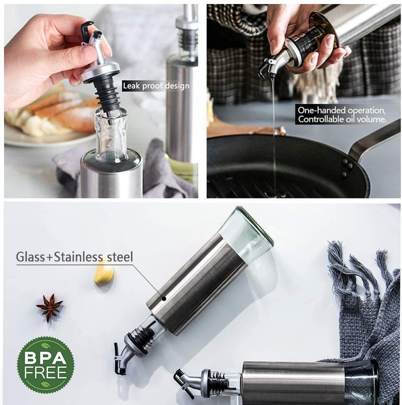 Onlyeasy Premium Glass Oil Dispenser with Steel Cover Seasoning BottleGlass Oil Bottle Leakproof Oiler Tank Household Stainless Steel Condiment Dispenser Steel Glass Oil Bottle 500ml 2pc - Image 4